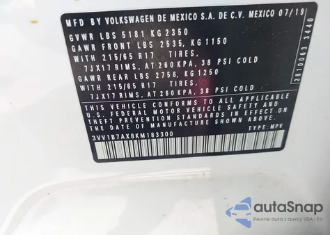 2019 Volkswagen Tiguan 2.0T S из США, поврежденный, VIN 3VV1B7AX8KM183300